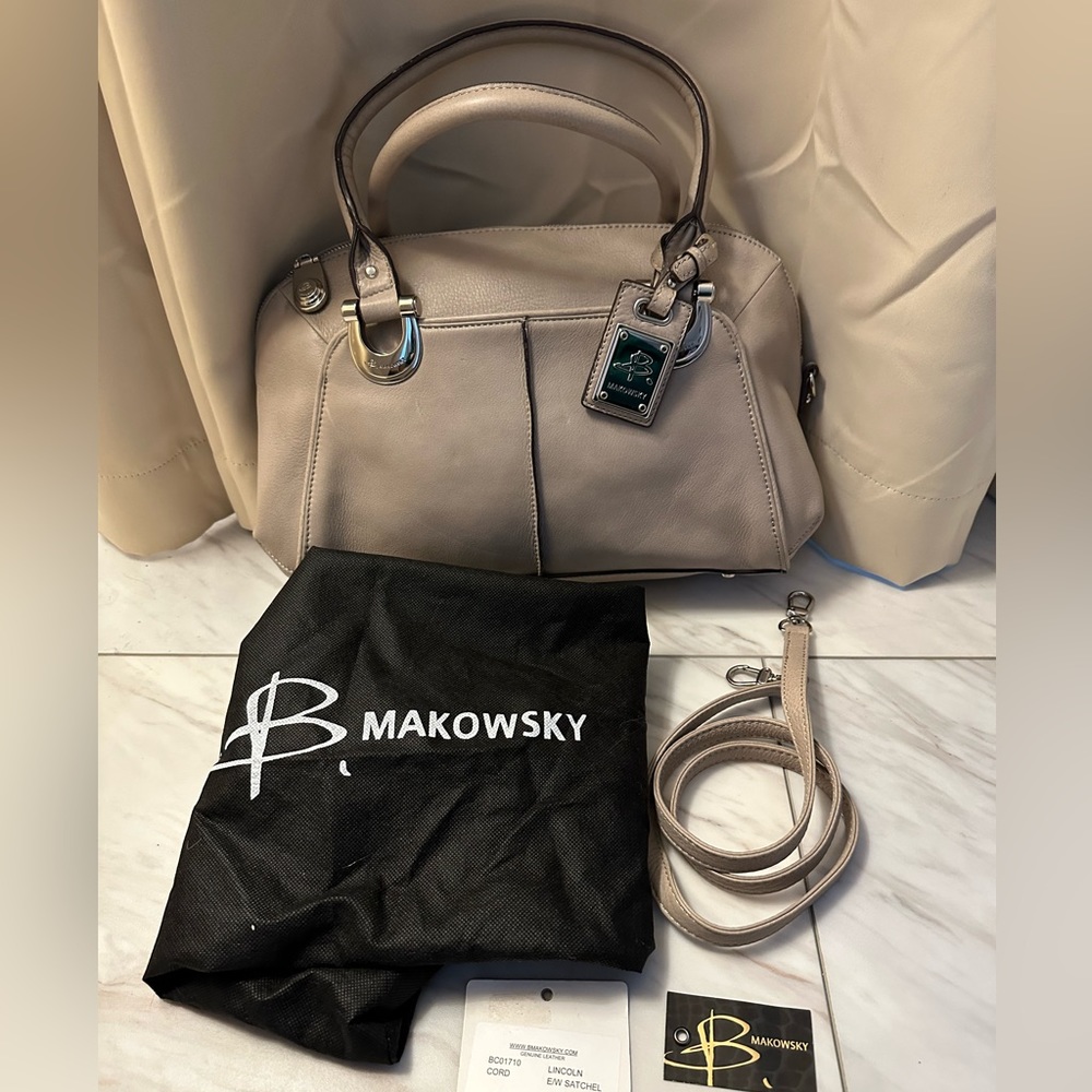 B Makowsky Beige Leather Satchel w/ Crossbody Strap